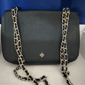 Tory Burch Black Leather Crossbody with Gold Chain